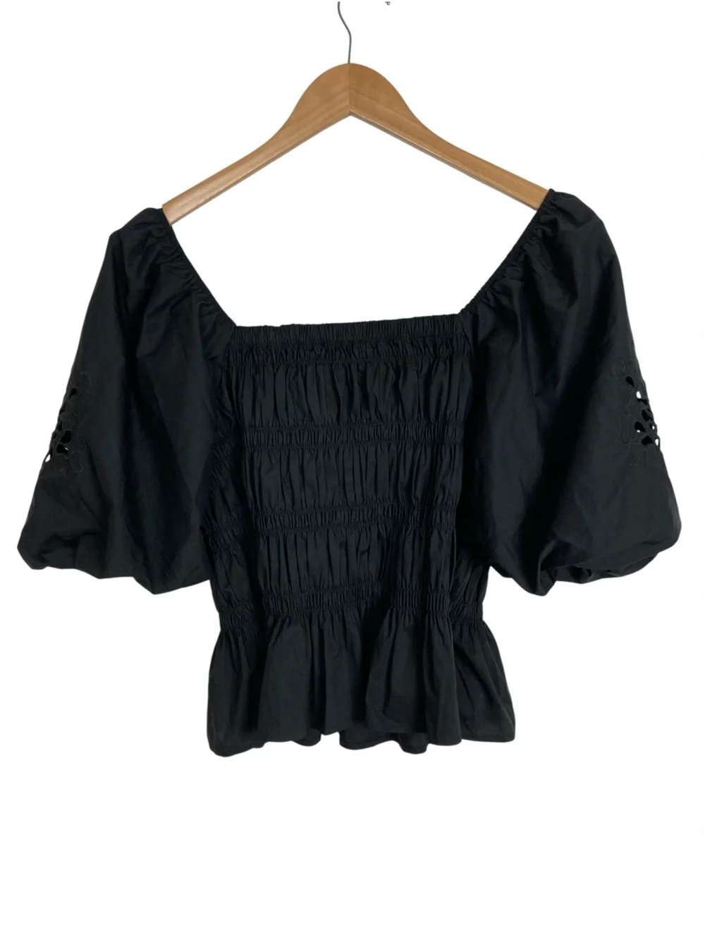 Marc New York Black Puff Sleeve Smocked Peplum Top, Size Large
